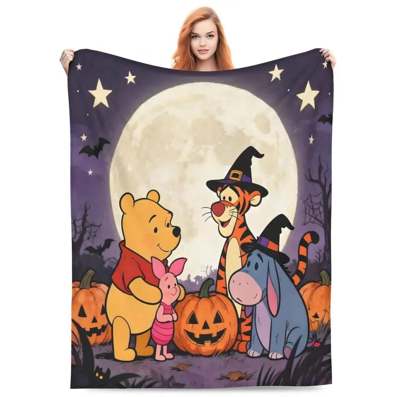 Disney Winnie the Pooh Halloween Full Moon Tigger & Eeyore Witch Hat Fleece Throw Blanket, Spooky Season Present & Holiday Bedding