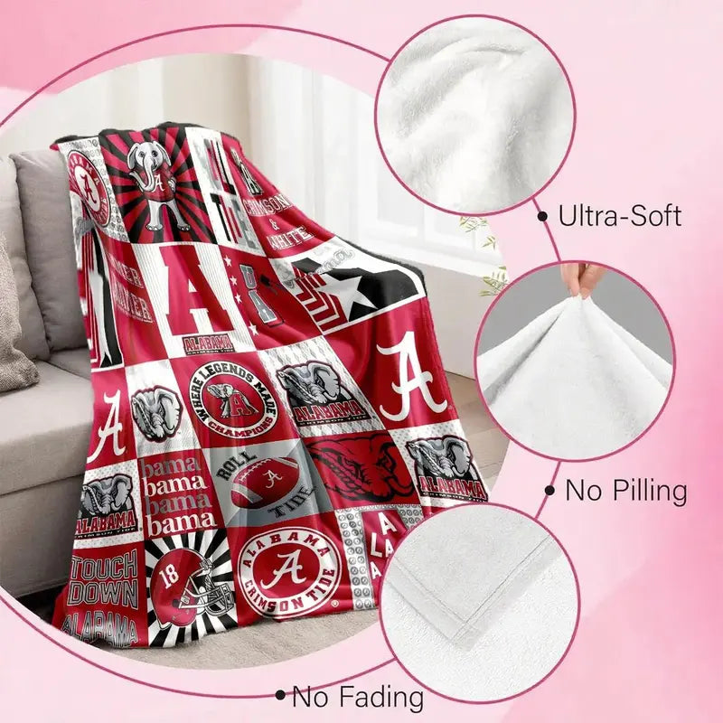 Alabama Crimson Tide Patchwork College Logo Blanket - High-Weight Flannel Fabric, Soft & Warm, No-Crease, Machine Washable Bedding, Blanket Gift, Ideal for Football Fans, No-Crease Blankets
