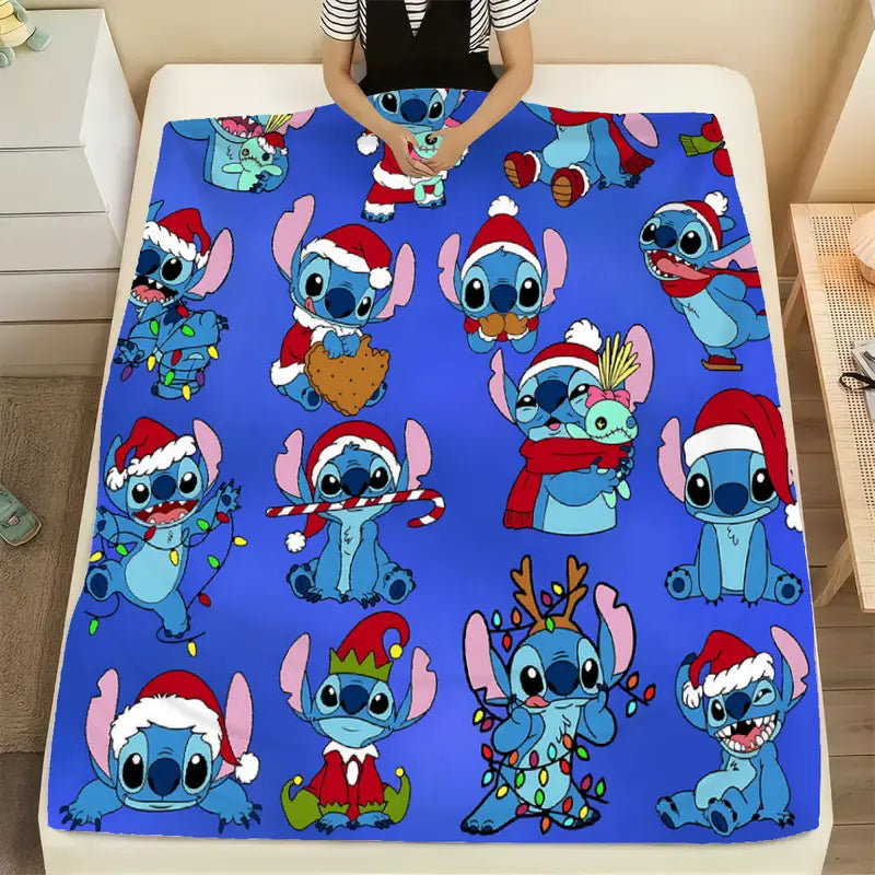 [SummerVibes] DISNEY CLASSIC Christmas Stitch Blanket, Super Soft Cartoon Lilo & Stitch Throw Blanket with Holiday Santa Hat Design, Cozy Plush Blanket for Sofa Bed Couch Christmas Decor Gifts