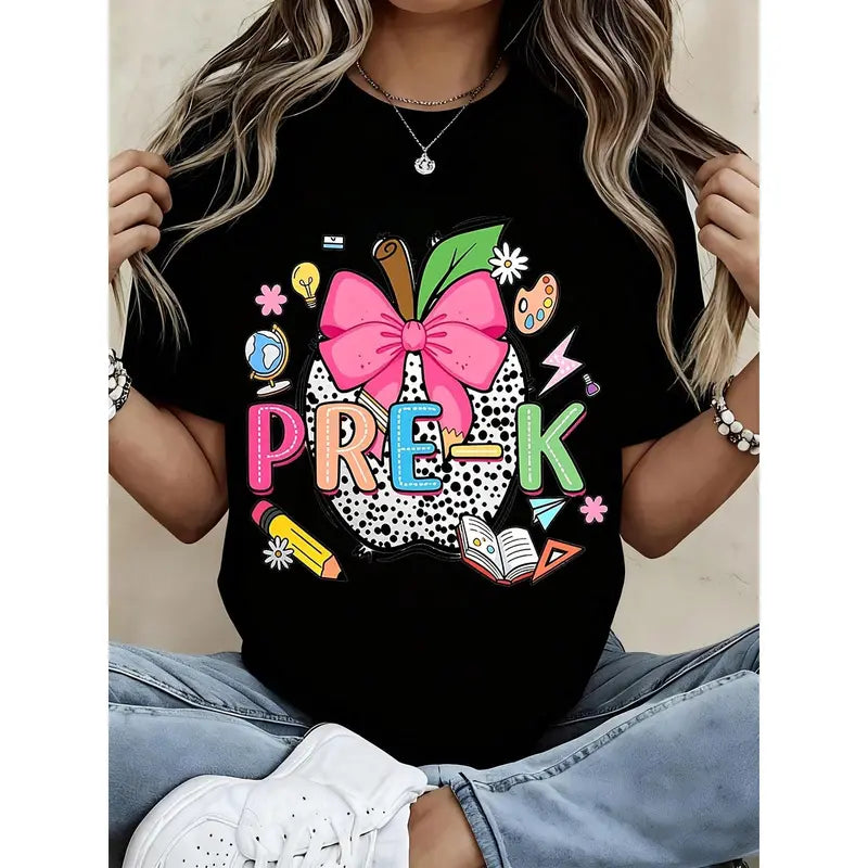 Men's Casual Fit Round Neck Short-Sleeve Customized Streetwear Tshirt - Black Fruit With Pink Bow Print, Basic T Shirt Casual Athleisure Tee for Preschool Teachers (Menswear)