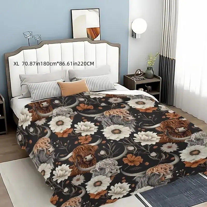 Floral & Cattle Print Throw Blanket, Cow Print Blanket, Soft Warm Napping Blanket, Air-conditioned Room Blanket, Bedroom Accessories, Home Office Travel Blanket