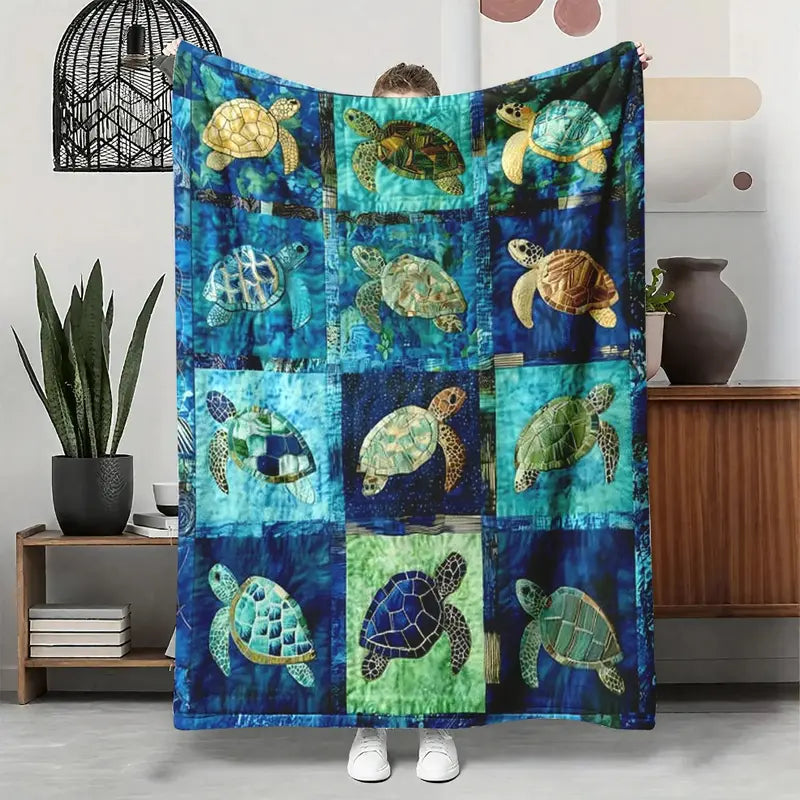 Sea Turtle Throw Blanket, Ocean Mosaic Patchwork Soft Cover, Baby Blankets and Adult Blankets, Cozy Warm Nautical Gift for Her Him, Coastal Home Decor for Couch Sofa Bed, Summer AC Nap Blanket, Perfect Birthday Holiday Christmas Gift for Ocean & Beach