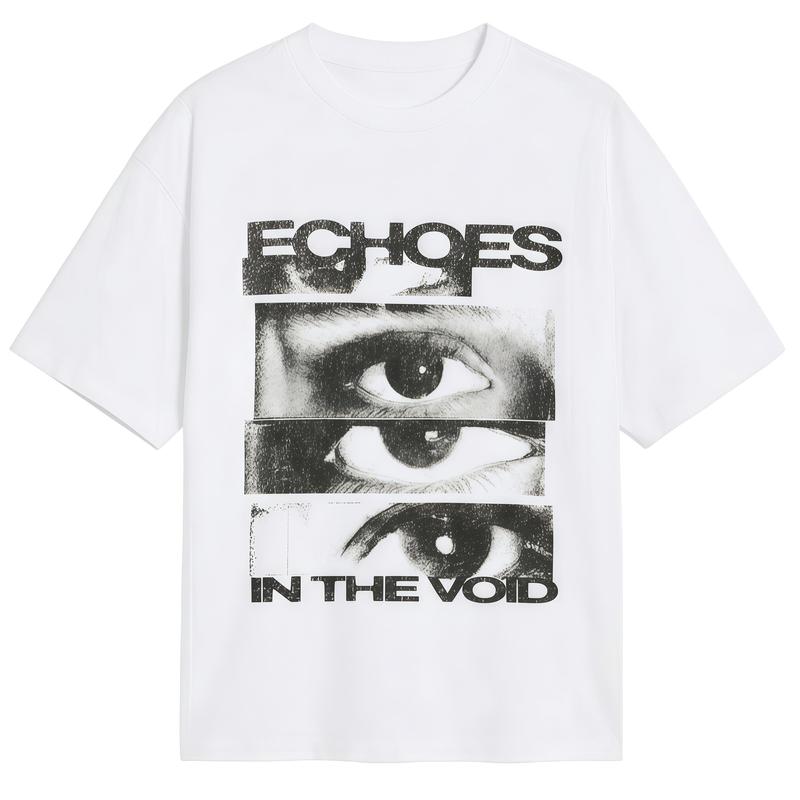Echoes In The Void Graphic T-Shirt Artistic Eye Print Retro Glitch Art Tee Men's Casual Cotton Menswear Crewneck Stylish Short Sleeves Tshirts Top Womenswear Streetwear Tshirt Summer Shortsleeve