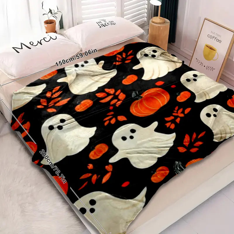 Halloween Pumpkin Skull Flannel Blanket, Digital Print Throw Cover, Air Conditioning Blanket, Nap Blanket, Ghost Face Blanket, Car/camping Multi-Functional Cozy Warm Blanket, Printed Blankets, Blanket Gifts