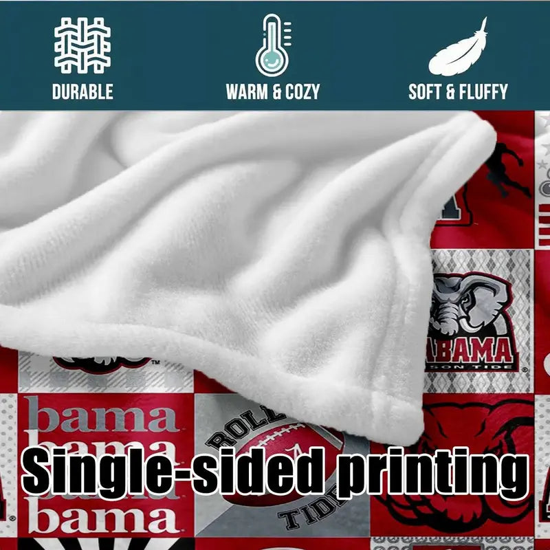 Alabama Crimson Tide Patchwork College Logo Blanket - High-Weight Flannel Fabric, Soft & Warm, No-Crease, Machine Washable Bedding, Blanket Gift, Ideal for Football Fans, No-Crease Blankets