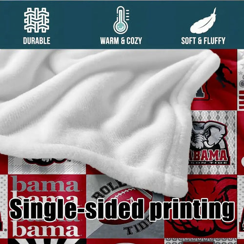 Alabama Crimson Tide Patchwork College Logo Blanket - High-Weight Flannel Fabric, Soft & Warm, No-Crease, Machine Washable Bedding, Blanket Gift, Ideal for Football Fans, No-Crease Blankets