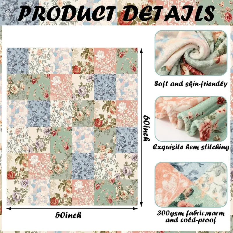 Flannel Blanket | Boho Pastel Floral Throw Blanket Ultra Soft Flannel Patchwork Blanket For Couch And Bed Holiday Theme Cozy Throw Decoration Warm Gift For Spring Summer | Gift Blanket / All Season