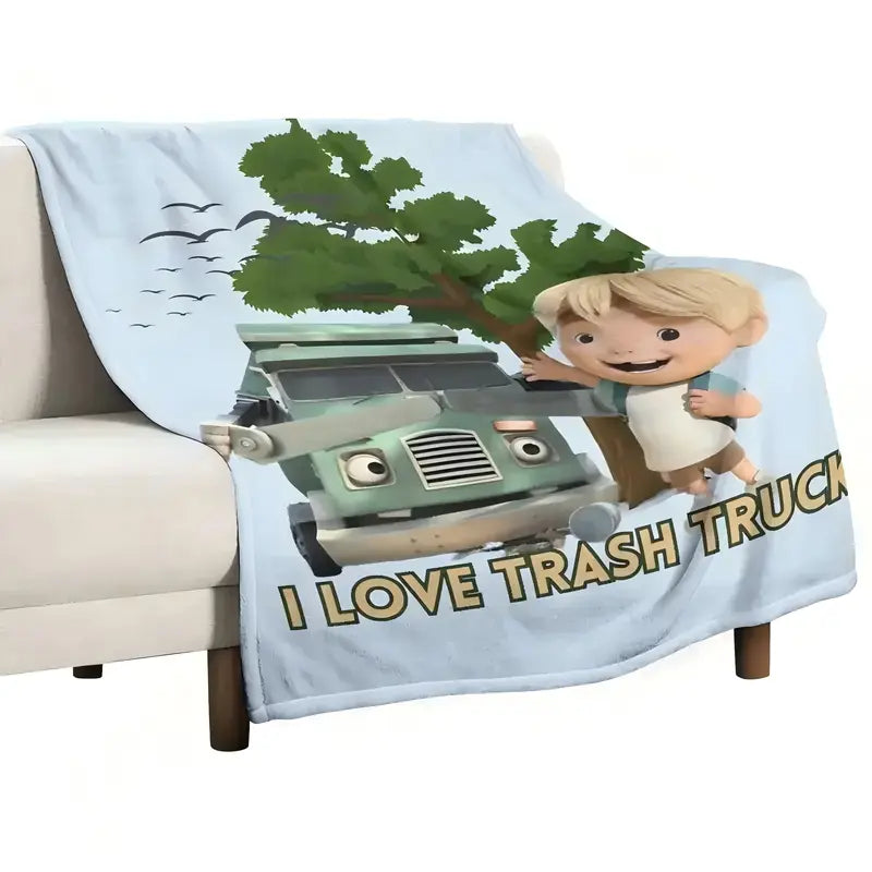 Adorable Animated 'Trash Truck' Flannel Blanket - 1 Piece, Soft Skin-Friendly Polyester, Cozy Aesthetic, Snug as a Bug in a Rug, Indoor Use, Cozy Warmth for Cold Nights, Ideal for Sofas & Beds, All-Season Bedding Gift, One Piece, Flannel Fabric