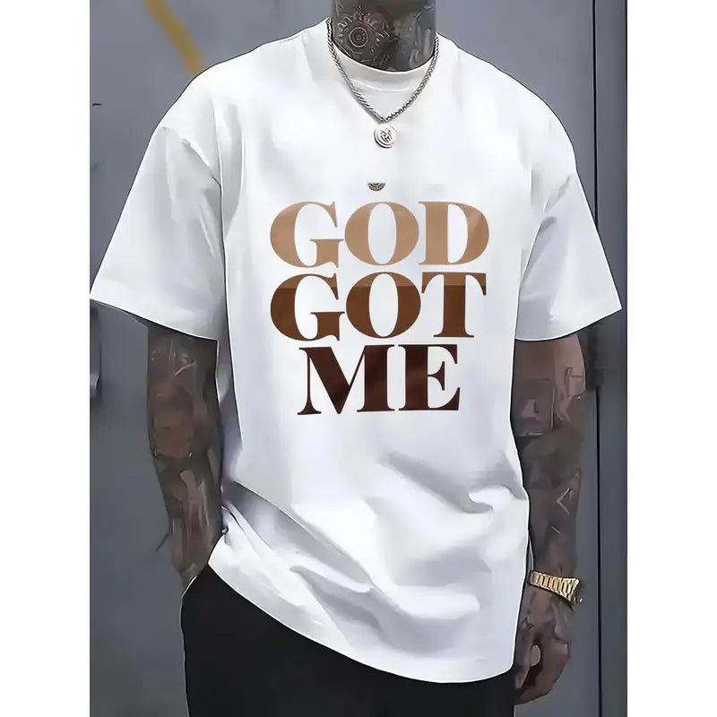 Men's Regular Fit Short-Sleeve Casual Graphic Tshirt - White Menswear Top with Customized Round Neck, Bold Print, Gradient Crown Emblem, 'GOD GOT ME' Design, Textured Knit Fitted Cut Casual Outdoor Attire