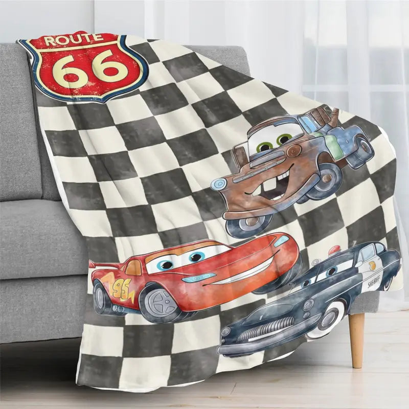Disney Pixar Cars Route 66 Checkered Flag Lightning McQueen Mater & Sheriff Christmas Present & Holiday Gift Fleece Throw Blanket