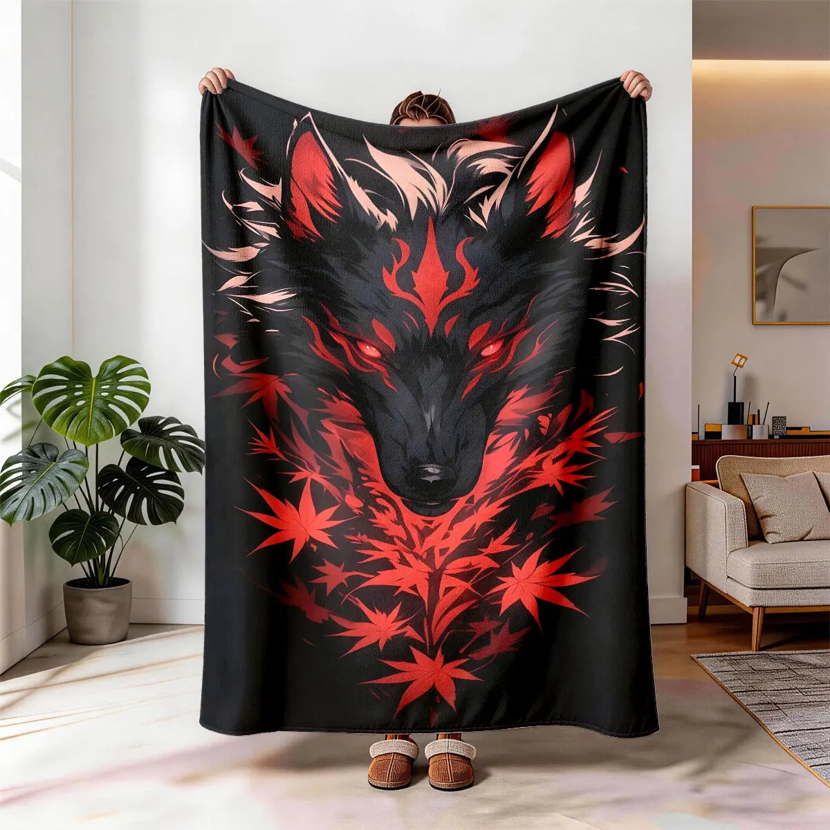 Maple Leaf Wolf Theme Flannel Blanket, Soft Throw Blanket, Decorative Blanket, Large Size, Soft and Lightweight, Perfect for All Seasons, Ideal Gift for Family, Cozy Throw Blankets