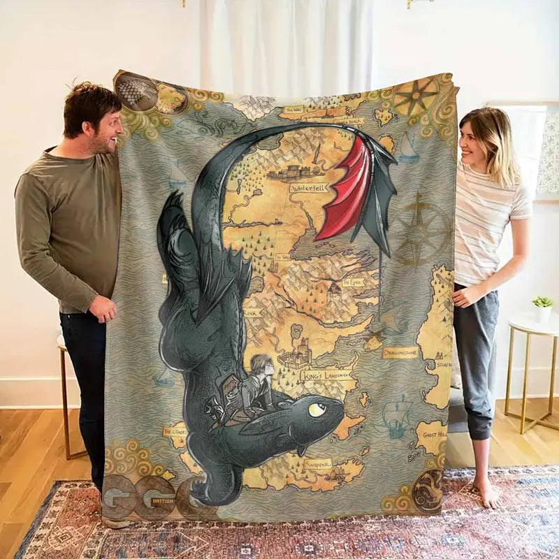 Fantasy Dragon Rider Flannel Throw Blanket - 6 Size Options, 60x80 in Covers XL Beds, Anti-Pilling Flannel Fabric, HD Vintage Map Print, Fade-Safe Dye, Soft Warm Lightweight, Indoor/Outdoor Home Decor, Bedroom Use or Travel Gift