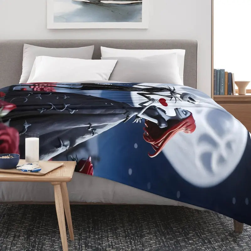 Disney Classic 2026 Nightmare Before Christmas Jack and Sally Anti-Fade Cartoon Print Fleece Blanket - Soft Red Roses Bedroom Decorative Throw for Bed-Couch, Blanket Gifts, Bedroom Blanket