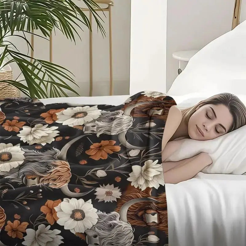 Floral & Cattle Print Throw Blanket, Cow Print Blanket, Soft Warm Napping Blanket, Air-conditioned Room Blanket, Bedroom Accessories, Home Office Travel Blanket