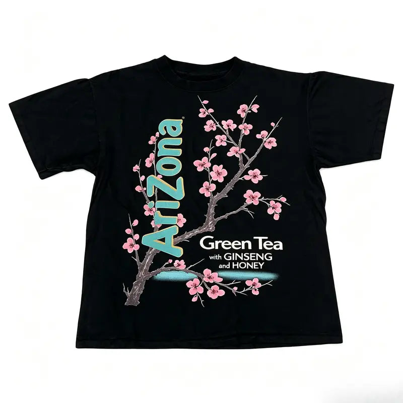 Men's Customized Fitted Cut Short-Sleeve T-Shirt - Vintage Arizona Green Tea Cherry Blossom Print, Round Neck Textured Knit, Casual Chic Streetwear Top, Menswear Gift