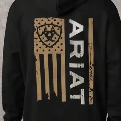 Ariat Western Cowboy Sweatshirt with American Flag Design for Men's Casual Wear Soft Heavyweight Cotton Blend Adjustable Hood Kangaroo Pocket