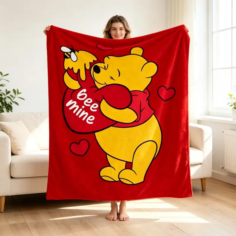 Disney 2026 Classic Winnie the Pooh Bee Mine Print Flannel Fleece Blanket - Cute Red Heart Character Graphic, Cozy Fluffy Soft Blanket for Home & Travel, Decorative Sofa Bed Throw for Holiday Gifting