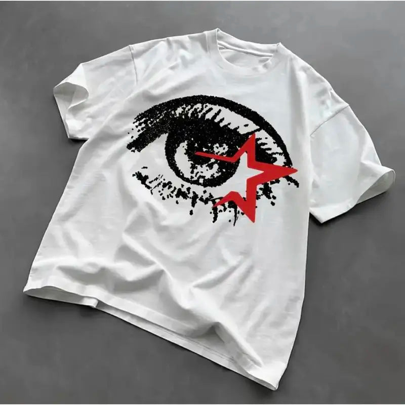 Unisex Vintage Big Eye Graphic T-Shirt - Gothic Grunge Y2k Emo Scene Amity Affliction Style, Soft Cotton, Full Print, Casual Fitted Cut, Short-Sleeve Round Neck Streetwear Top, Customizable Menswear