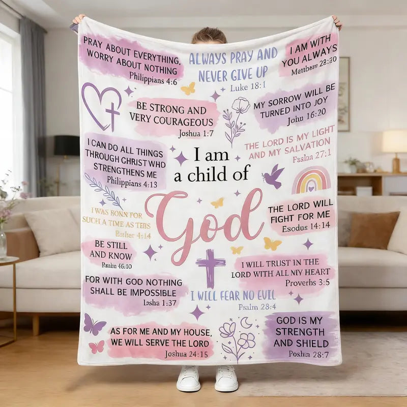Durable Printed Flannel Blanket (60x80 in) - Faith-Based "I Am A Child Of God" Bible Quote Collage, Pastel Watercolor Religious Print, Plush Fabric, Blankets for Sofa, Girl Room Decor, Cute Girly Back to School Gift