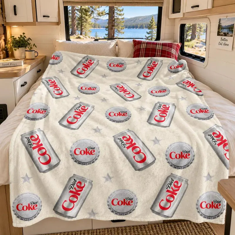 Diet Coke Bottle Cap Slogan Print Flat Velvet Blanket - Soft Comfy, Machine Washable, Easy to Care For, Stylish Fleece Throw for Indoor & Outdoor Lounging, Summer Bedding Gift (Sohochic)