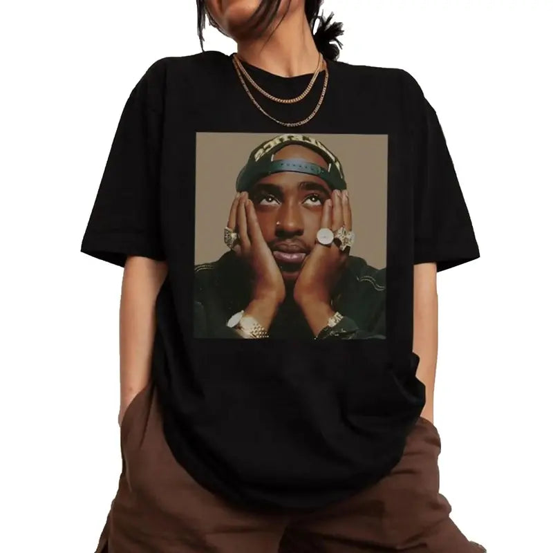 Men's Casual Fitted Cut Round Neck Vintage 90s Tupac Shakur Bootleg T-Shirt - Streetwear Top, Hip Hop Legend Merch, Casual Street Fan Gift