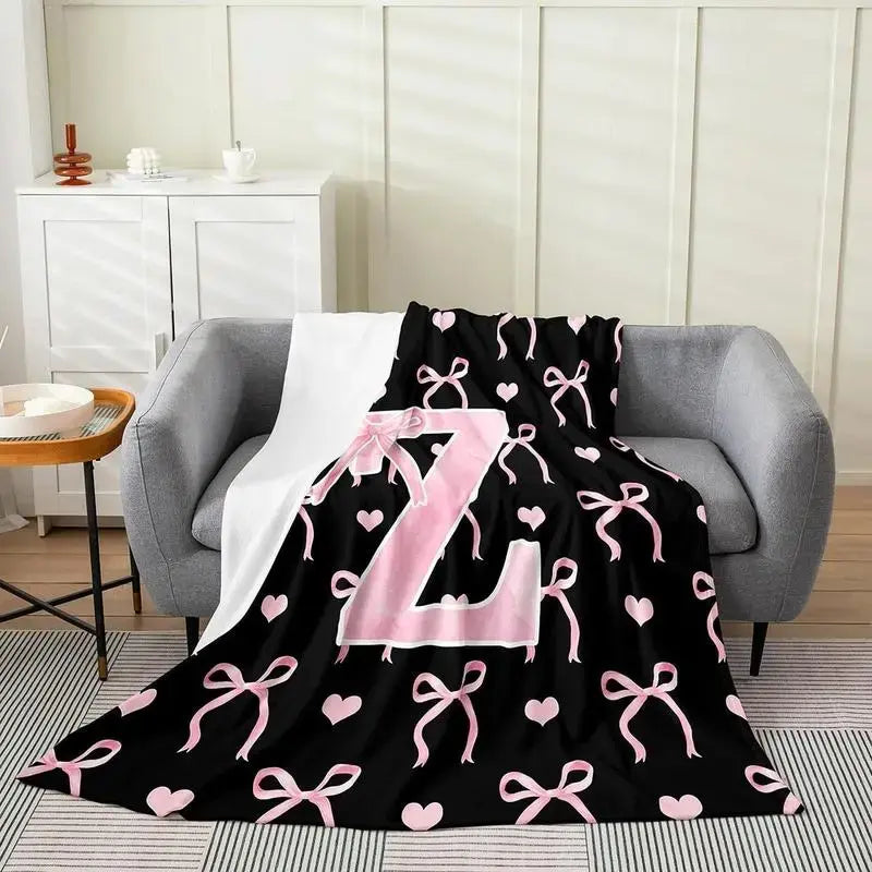 Classic Soft Flannel Throw Blanket - A-Z Initial Alphabet Print, 30x40 to 60x80 in, Black Blush Pink Design, Custom Monogrammed, Soft Texture, Durable All-Season Bedding for Bedroom, Gifts for Women, GF Gift