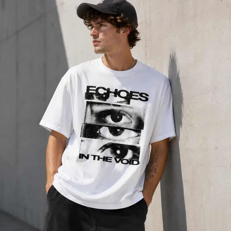 Echoes In The Void Graphic T-Shirt Artistic Eye Print Retro Glitch Art Tee Men's Casual Cotton Menswear Crewneck Stylish Short Sleeves Tshirts Top Womenswear Streetwear Tshirt Summer Shortsleeve