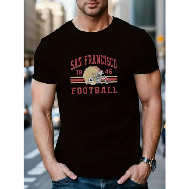 1946 SAN FRANCISCO FOOTBALL Print Casual Short-Sleeved T-Shirt for Men, Spring And Summer Trendy, Comfortable Round Neck Tee, Regular Fit, Versatile Fashion for Casual Attire
