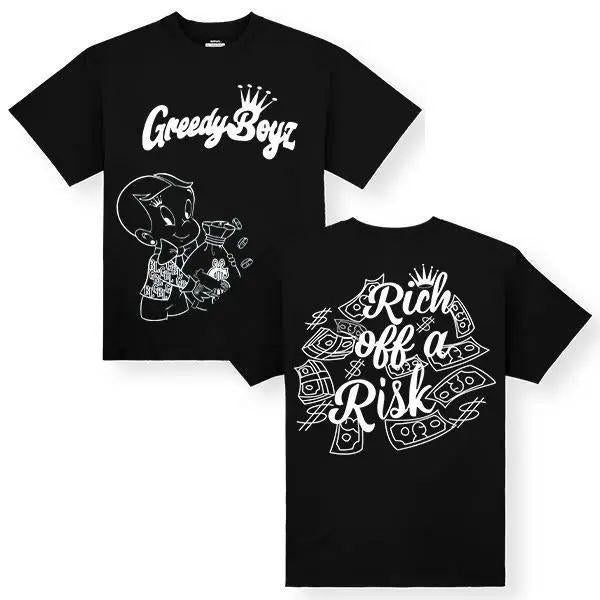 GreedyBoyz Menswear Short-Sleeve Tshirt - Customized Unisex Cotton Round Neck Graphic Top with "Rich off a Risk" Print, Machine Washable, All-Season Classic, Moisture-Wicking, Streetwear Everyday Top