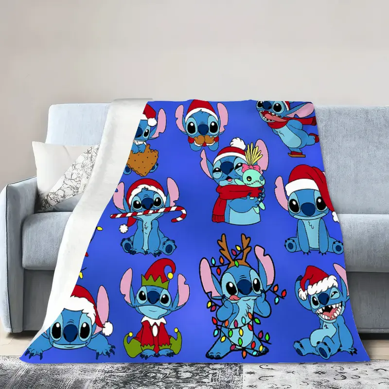 [SummerVibes] DISNEY CLASSIC Christmas Stitch Blanket, Super Soft Cartoon Lilo & Stitch Throw Blanket with Holiday Santa Hat Design, Cozy Plush Blanket for Sofa Bed Couch Christmas Decor Gifts