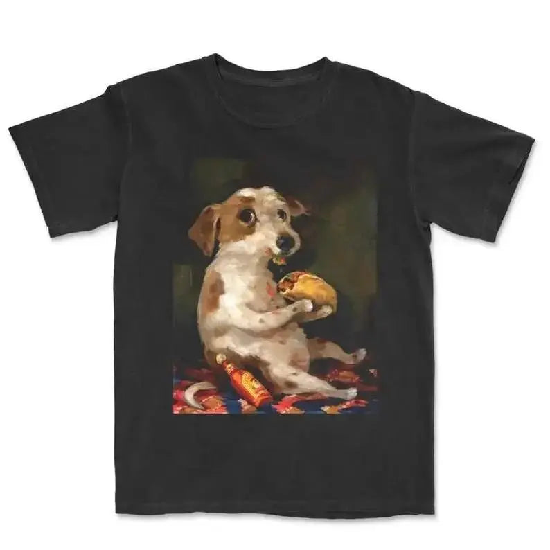 Men's Short-Sleeve Cotton Casual Round Neck Print T-Shirt - Funny Meme, Dog Chill With Taco Vintage Graphic Tee, Dog Lover Gift