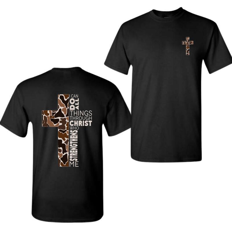 Men's Classic Christian Graphic Tshirt - 100% Soft Cotton Crew Neck Shortsleeve Casual Customized Top, Camo Cross & Philippians 4:13 Verse Menswear Clothing