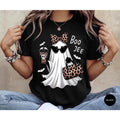 Men's Regular-Fitted Customized Short-Sleeve Round Neck Soft Cotton Full Print Graphic Halloween Shirts - Boo-Jee Leopard Accents Ghost Coffee Design, Casual Street Fall Gift, Textured Knit Outdoor Top (Belle, Princess, Book, Music Note, Del Padre Themes)