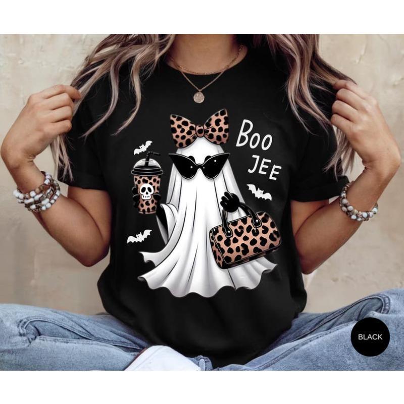 Men's Regular-Fitted Customized Short-Sleeve Round Neck Soft Cotton Full Print Graphic Halloween Shirts - Boo-Jee Leopard Accents Ghost Coffee Design, Casual Street Fall Gift, Textured Knit Outdoor Top (Belle, Princess, Book, Music Note, Del Padre Themes)