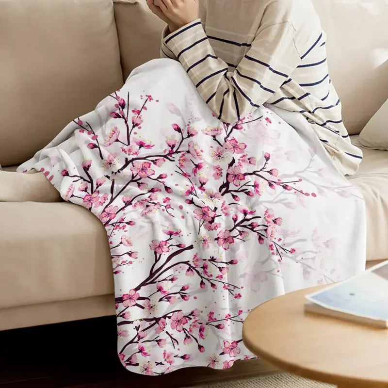 Cherry Blossom Pink Flower Flannel Throw Blanket Soft Cozy Blanket for Sofa Couch Bed Bedroom Decor Christmas Gift