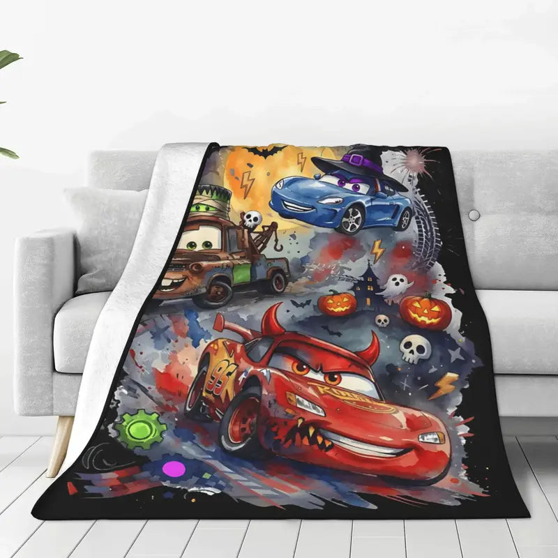 Disney Pixar 2026 New Cars Playful Spooky Halloween Print Throw Blanket - Flannel Fabric Ultra-Soft Fleece Blend, Lightning McQueen Graphic, Multi-Purpose for Bed-Couch, Holiday Gift