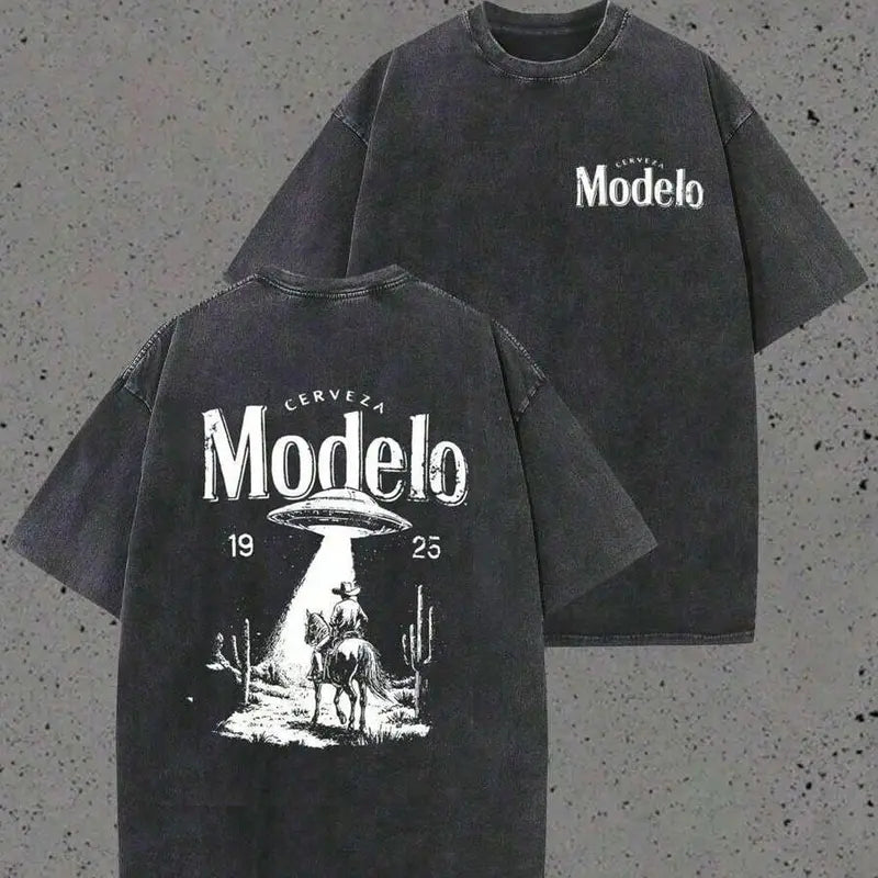 Men's 230g Heavyweight Vintage Washed Cotton Oversized Round Neck T-Shirt - Fabric, Cowboy UFO Desert Scene, Cerveza Modelo Letter Print, Retro UFO Graphic, Everyday Retro Streetwear Casual Short Sleeve Top, Gifts for Him