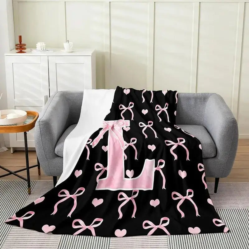 Classic Soft Flannel Throw Blanket - A-Z Initial Alphabet Print, 30x40 to 60x80 in, Black Blush Pink Design, Custom Monogrammed, Soft Texture, Durable All-Season Bedding for Bedroom, Gifts for Women, GF Gift