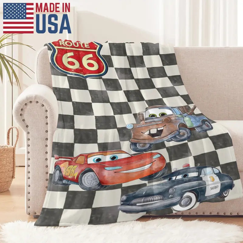 Disney Pixar Cars Route 66 Checkered Flag Lightning McQueen Mater & Sheriff Christmas Present & Holiday Gift Fleece Throw Blanket