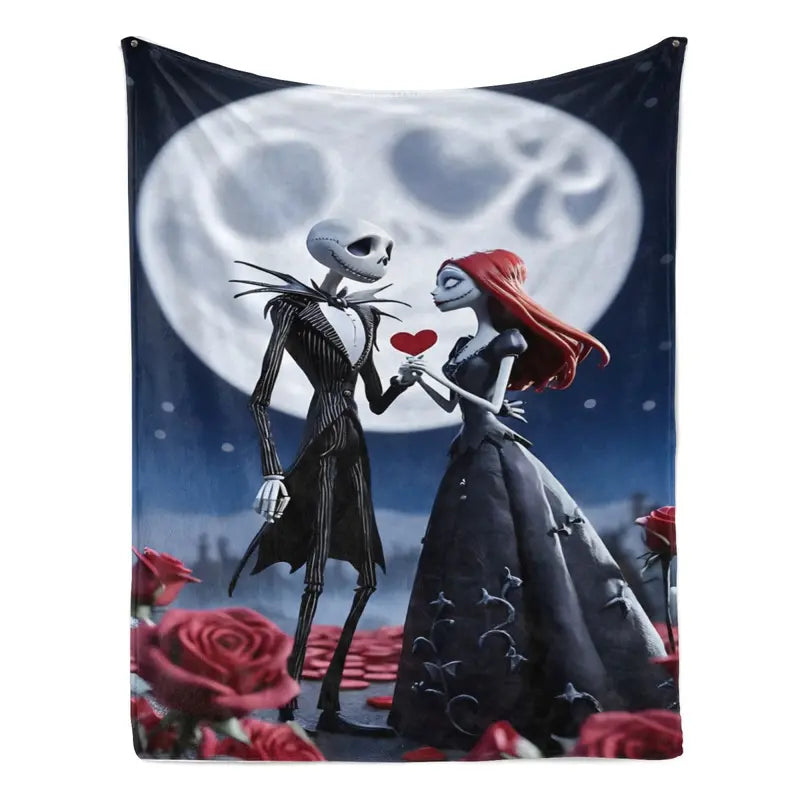 Disney Classic 2026 Nightmare Before Christmas Jack and Sally Anti-Fade Cartoon Print Fleece Blanket - Soft Red Roses Bedroom Decorative Throw for Bed-Couch, Blanket Gifts, Bedroom Blanket