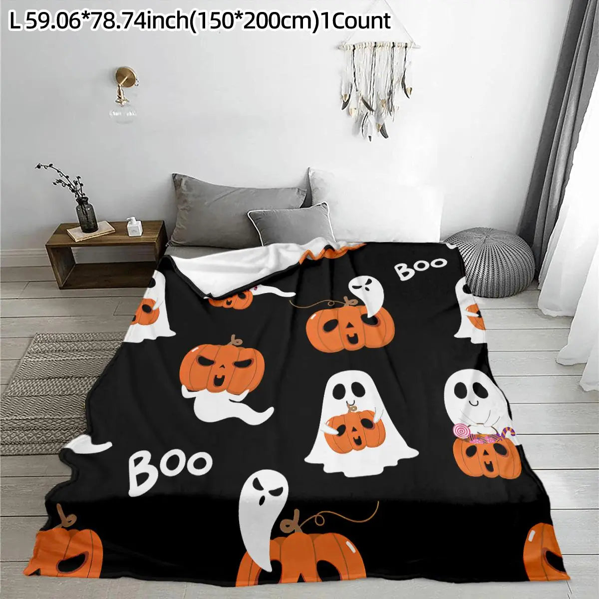 Halloween Themed Pumpkin Ghost Pattern Blanket, Slogan Print Blanket, Soft Comfortable Throw Blanket, Cool Bedroom Bedding Blankets, Warm Nap Blanket for Home Office Travel