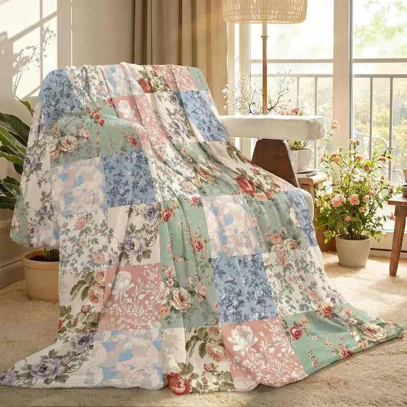 Flannel Blanket | Boho Pastel Floral Throw Blanket Ultra Soft Flannel Patchwork Blanket For Couch And Bed Holiday Theme Cozy Throw Decoration Warm Gift For Spring Summer | Gift Blanket / All Season