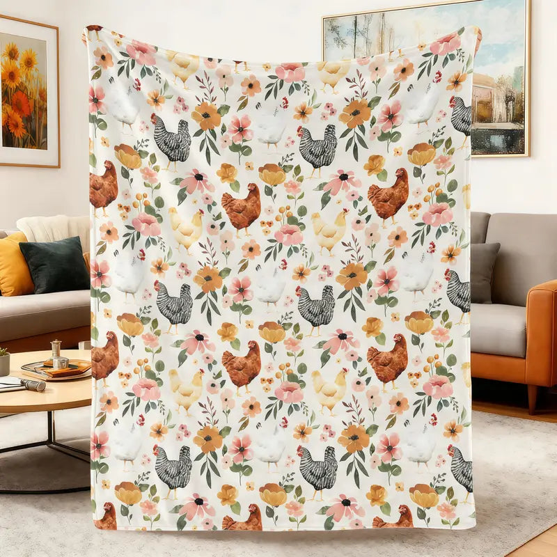 Soft Comfortable Funny Floral Chicken Flannel Throw Blanket,Farmhouse Hen Rooster Print Cozy Lightweight Blanket Rustic Country Farm Animal Couch Bed Sofa Decor,Christmas Holiday Gift for Chicken Lovers Women Girls