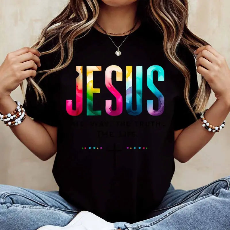 Men's Fitted Cut Casual Short-Sleeve Round Neck Custom Full Print "Jesus The Way The Truth The Life" Cross Motif Soft Cotton T-Shirt - White Textured Knit, Machine Washable, Suitable for Everyday & Outdoor Wear