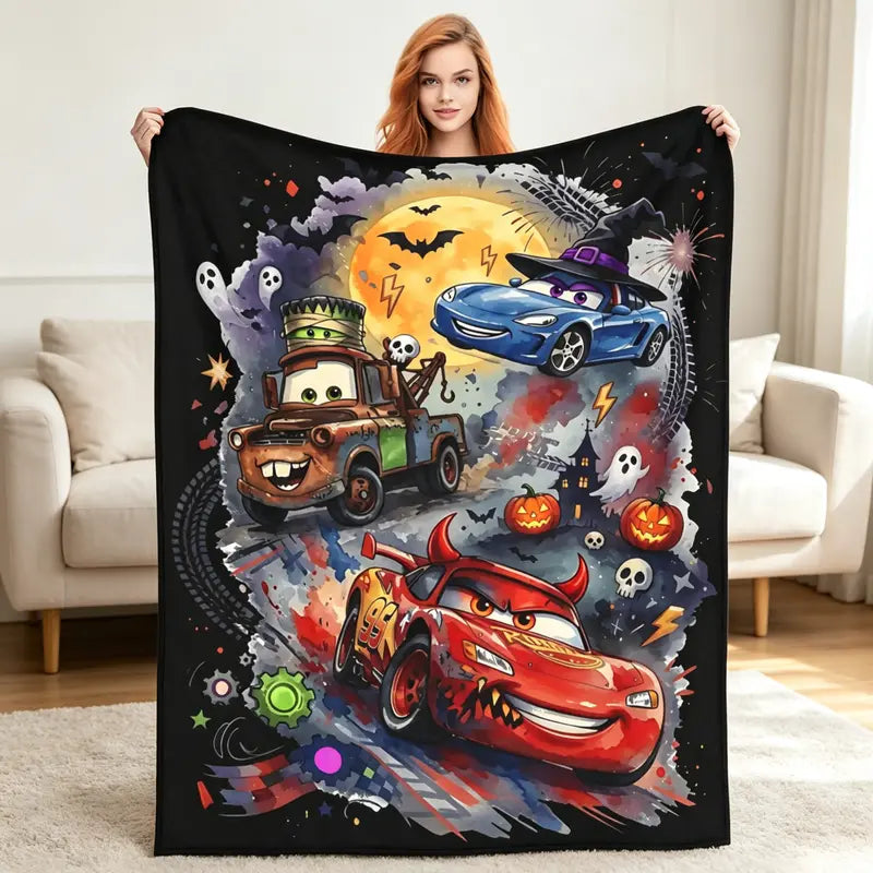 Disney Pixar 2026 New Cars Playful Spooky Halloween Print Throw Blanket - Flannel Fabric Ultra-Soft Fleece Blend, Lightning McQueen Graphic, Multi-Purpose for Bed-Couch, Holiday Gift