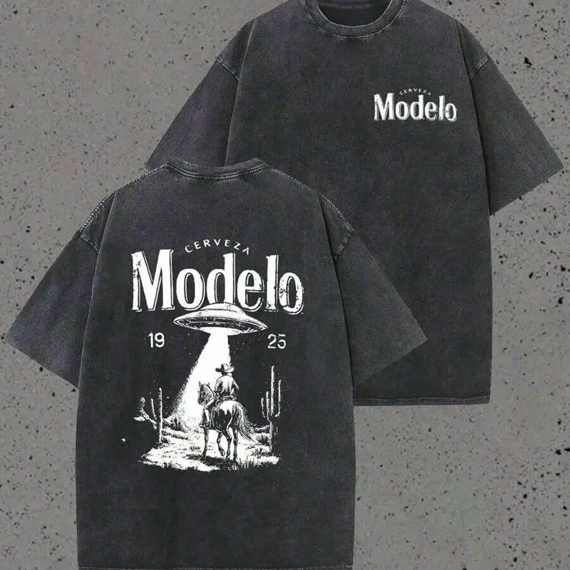 Men's 230g Heavyweight Vintage Washed Cotton Oversized Round Neck T-Shirt - Fabric, Cowboy UFO Desert Scene, Cerveza Modelo Letter Print, Retro UFO Graphic, Everyday Retro Streetwear Casual Short Sleeve Top, Gifts for Him