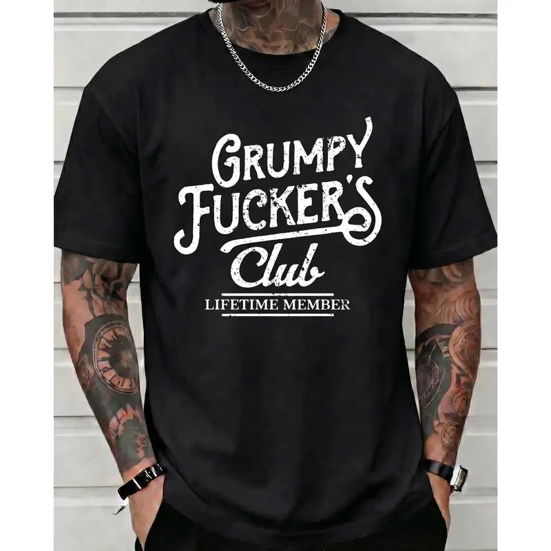 Men's Soft Cotton Oversized Short-Sleeve Crew Neck Custom Retro Graphic T-Shirt Top - Unisex Sizing, All-Seasons Casual Streetwear, Funny Sarcastic Grumpy F*cker's Club Lifetime Member Print, Machine-Washable Gift For Him
