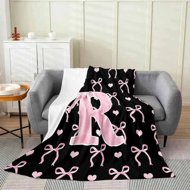 Classic Soft Flannel Throw Blanket - A-Z Initial Alphabet Print, 30x40 to 60x80 in, Black Blush Pink Design, Custom Monogrammed, Soft Texture, Durable All-Season Bedding for Bedroom, Gifts for Women, GF Gift