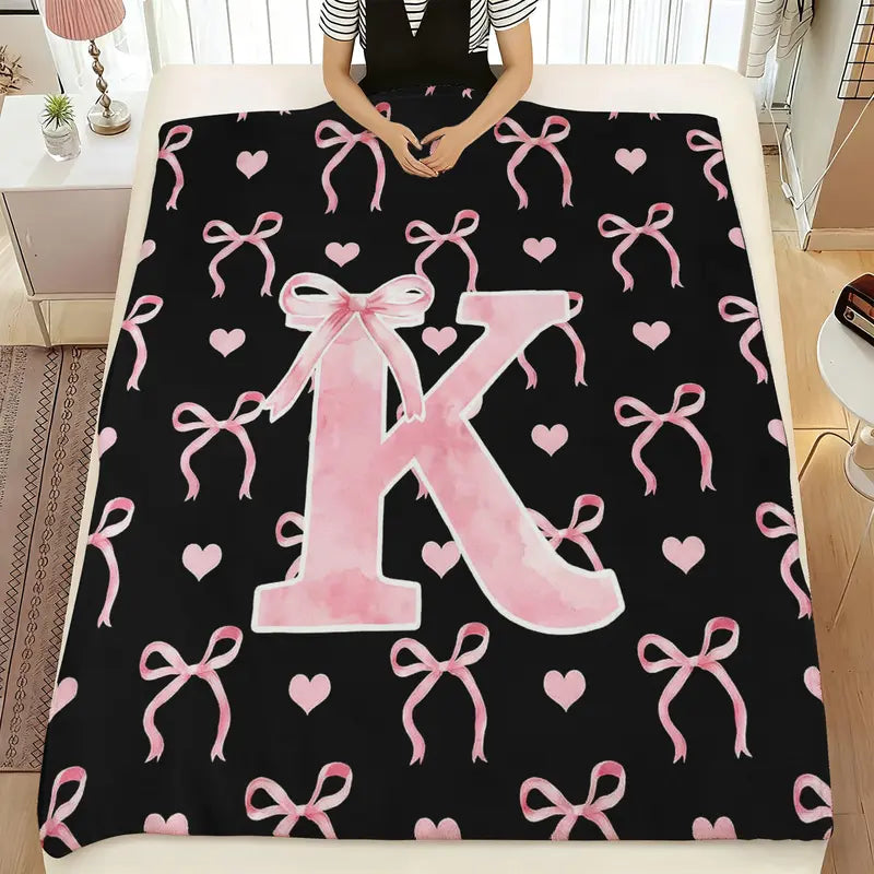 Classic Soft Flannel Throw Blanket - A-Z Initial Alphabet Print, 30x40 to 60x80 in, Black Blush Pink Design, Custom Monogrammed, Soft Texture, Durable All-Season Bedding for Bedroom, Gifts for Women, GF Gift