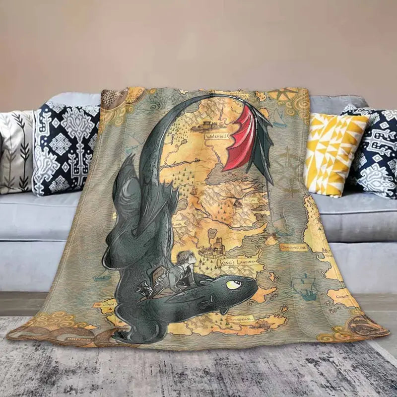 Fantasy Dragon Rider Flannel Throw Blanket - 6 Size Options, 60x80 in Covers XL Beds, Anti-Pilling Flannel Fabric, HD Vintage Map Print, Fade-Safe Dye, Soft Warm Lightweight, Indoor/Outdoor Home Decor, Bedroom Use or Travel Gift
